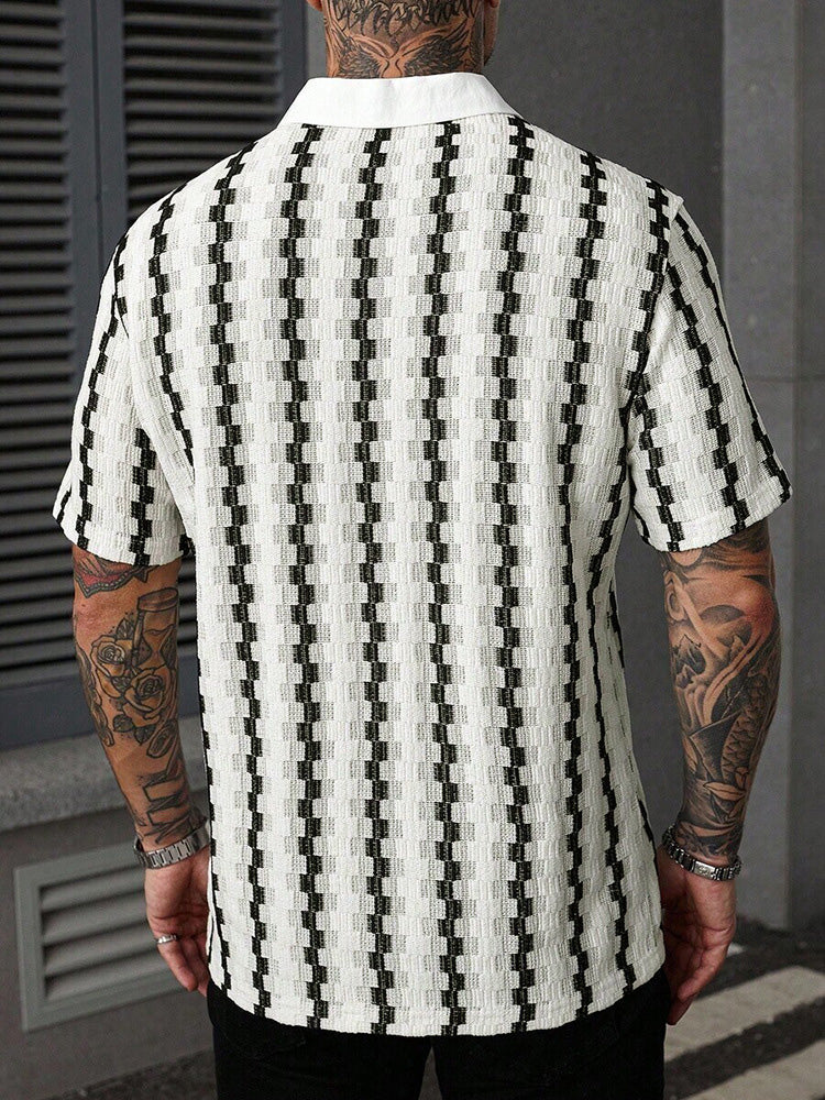 Chemise à rayures texturées à manches courtes avec col cubain