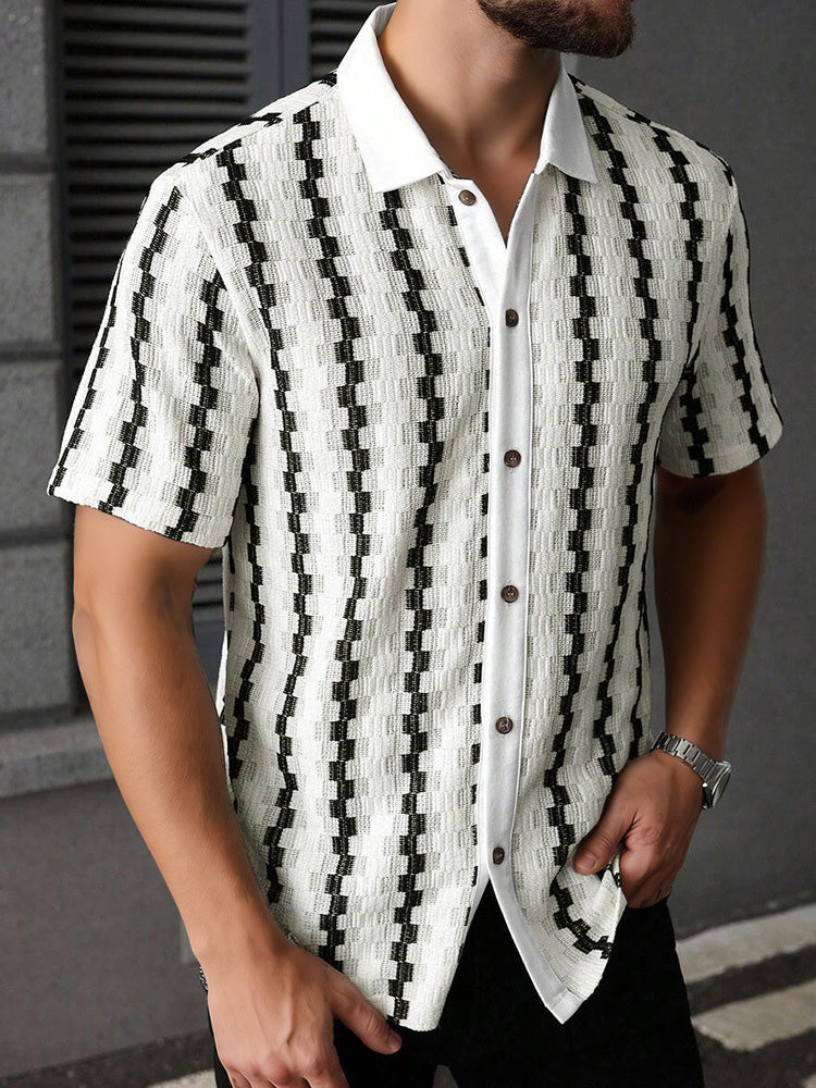 Chemise à rayures texturées à manches courtes avec col cubain