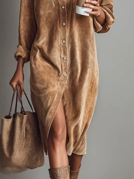 Robe midi en velours côtelé avec poches poitrine doubles