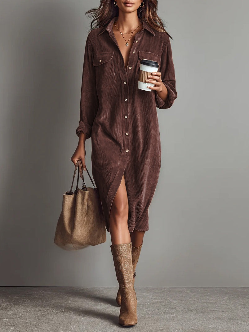 Robe midi en velours côtelé avec poches poitrine doubles