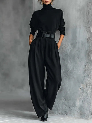 Élégant Ensemble Deux Pièces Noir avec Ceinture