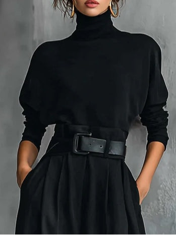 Élégant Ensemble Deux Pièces Noir avec Ceinture