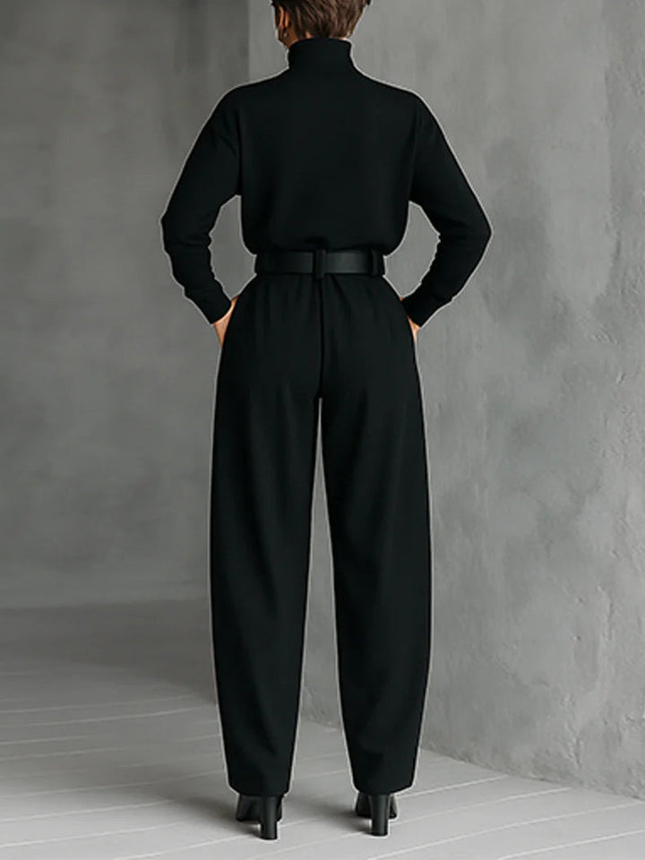Élégant Ensemble Deux Pièces Noir avec Ceinture